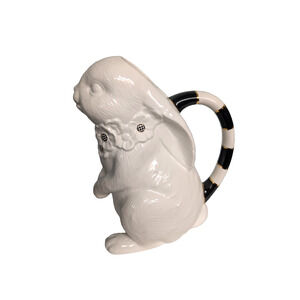 Mackenzie-Childs White Rabbit Ceramic Pitcher w Flaw Flower Courtly Check Accent